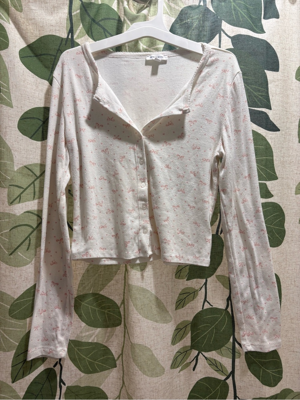 Pink Rose White Long-Sleeve Button-Front Cropped Top with Pink Floral Print